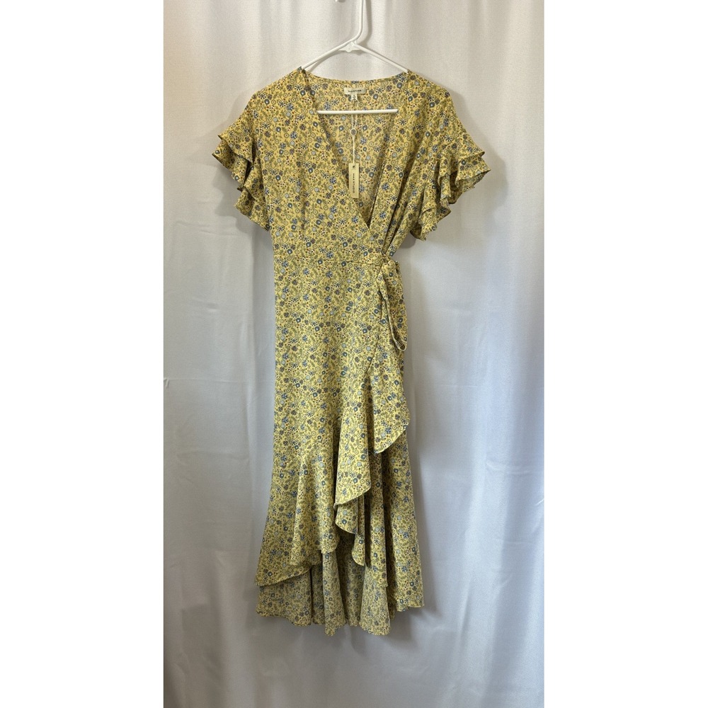 NWT Max Studio Wrap Dress Yellow Floral Flutter Sleeve Ruffle Small Boho Cottage